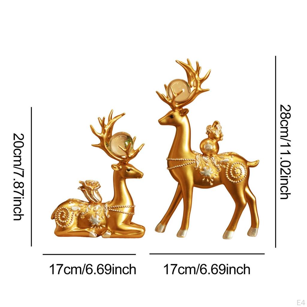 2 Pieces Deer Figurines Animal Sculpture Desktop Decoration Golden Resin Statues for Cabinet