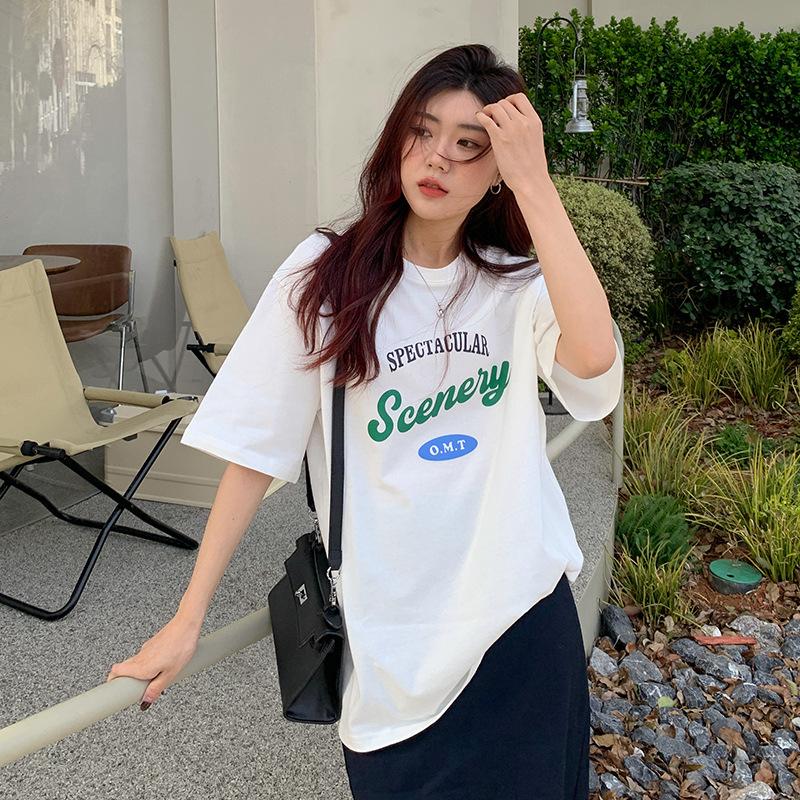 

2025 pure cotton American retro contrasting color letter printing short-sleeved T-shirt women s loose and versatile casual crew neck top summer S