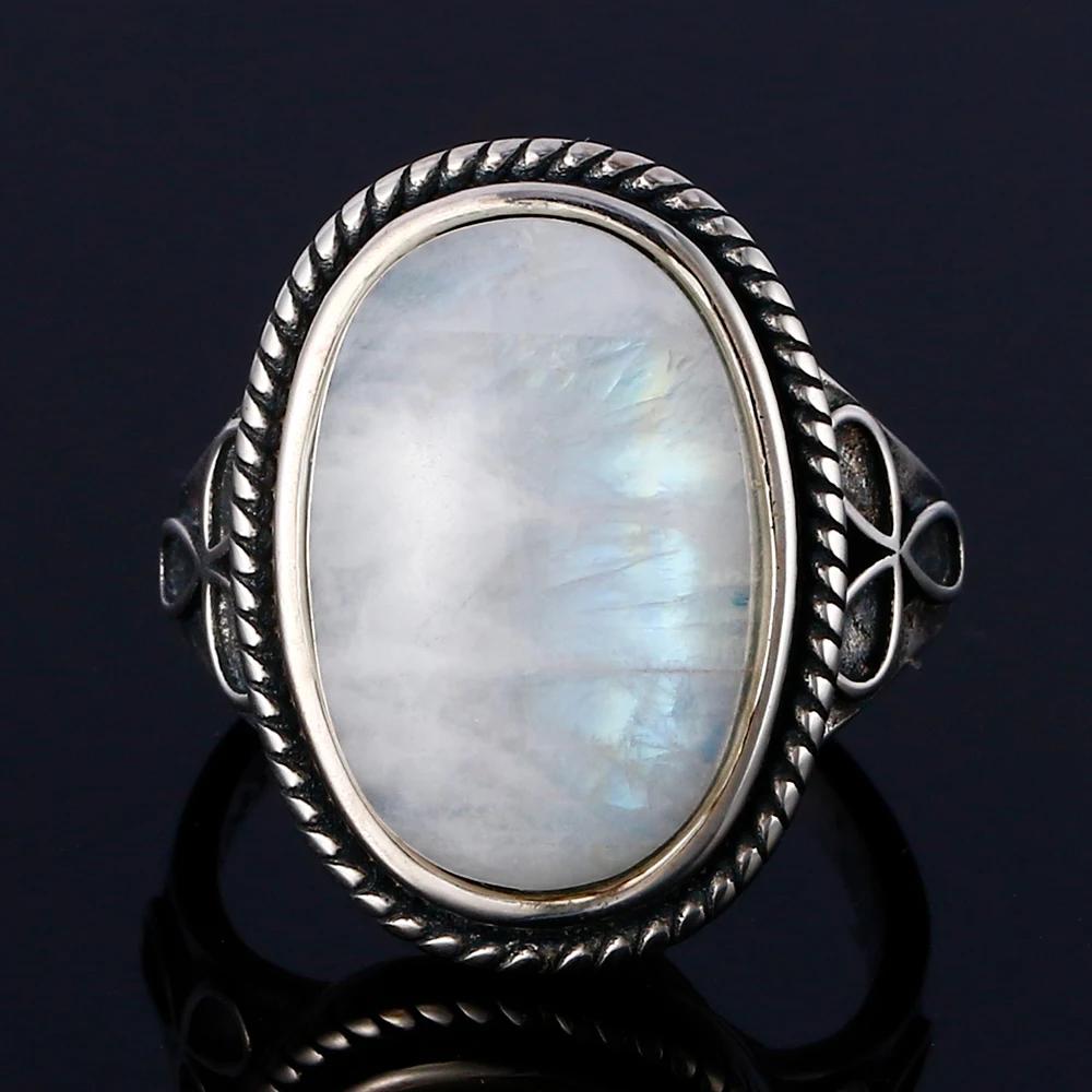 Okrągłe Owalne Duże Naturalne Kamienie Księżycowe Pierścionki Damskie Srebro S925 Pierścionki Prezenty Vintage Delikatna Biżuteria