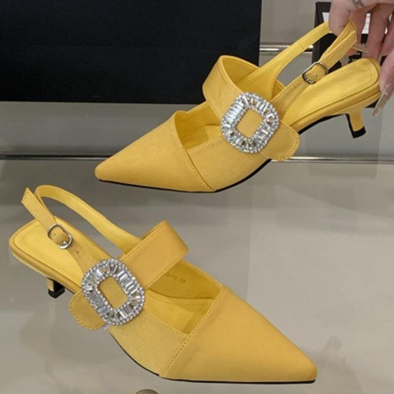 

Fashion Luxury Rhinestone Buckle Shallow Pumps Women Pointed Toe Back Strap Kitten Heel Slide Sandals Fashion Elegant Party Dress Shoes 35 жёлтый