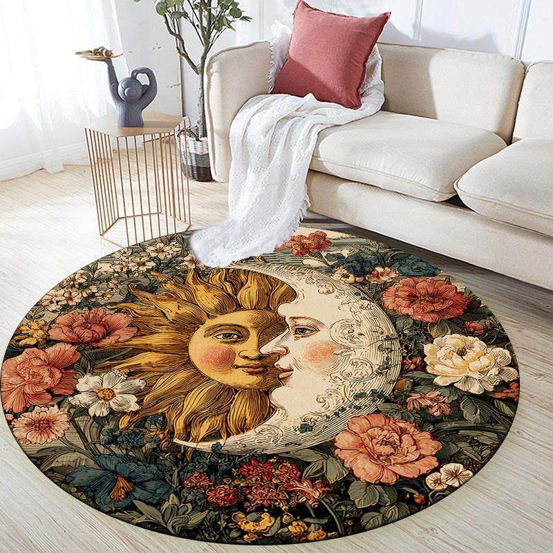 Sun & Moon Pattern Round rug,Carpet Rug for Living Room Bedroom Playroom ,Non-slip Floor Mat,Holiday Gifts and Birthday Gifts.