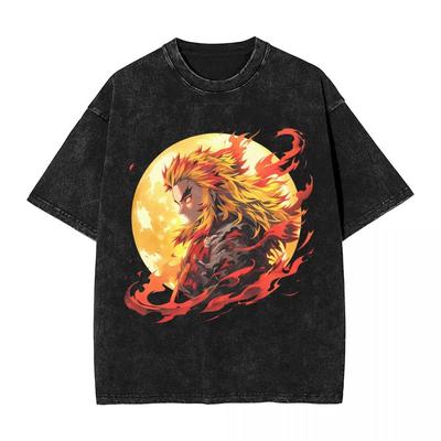 Anime Demon Slayer Rengoku Kyoujurou Graphic Tshirt Men Cotton Street T-shirts Washed Oversized T Shirt