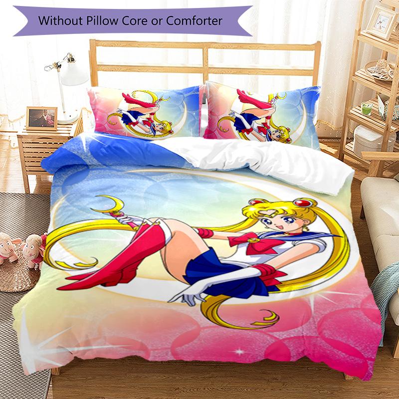 3-teiliges Sailor Moon Design Bettwäsche-Set - HD-bedruckte Bettwäsche mit 1 Bettbezug und 2 Kissenbezügen - Perfekt für die Heim- und Wohnheimdekoration