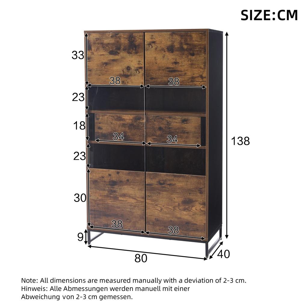 Transparent Display Cabinet Bookcase 2 Doors & 2 Drawers, Highboard Display Cabinet Wine Cabinets Living Room Dining Room Office, Vintage Brown