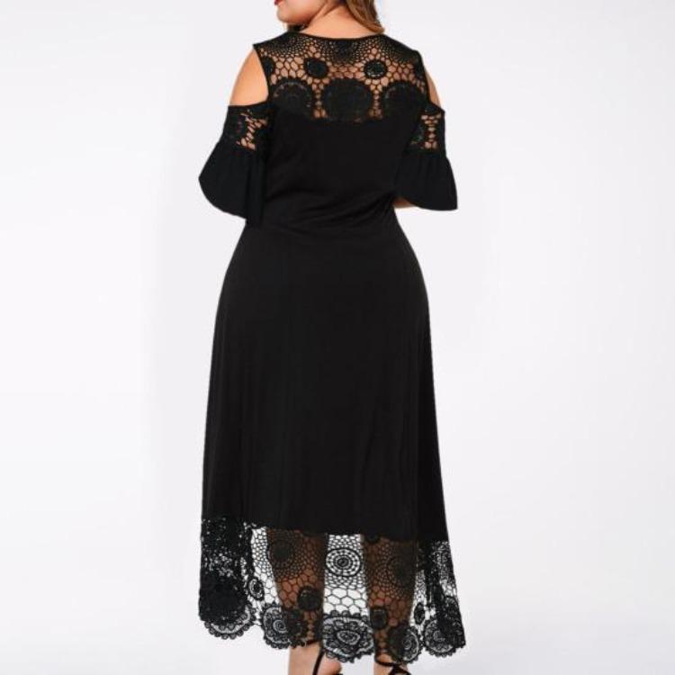 Flare Cold Shoulder Dress Plus Size Women High Waist Embroidery Lace Patchwork Short Sleeve