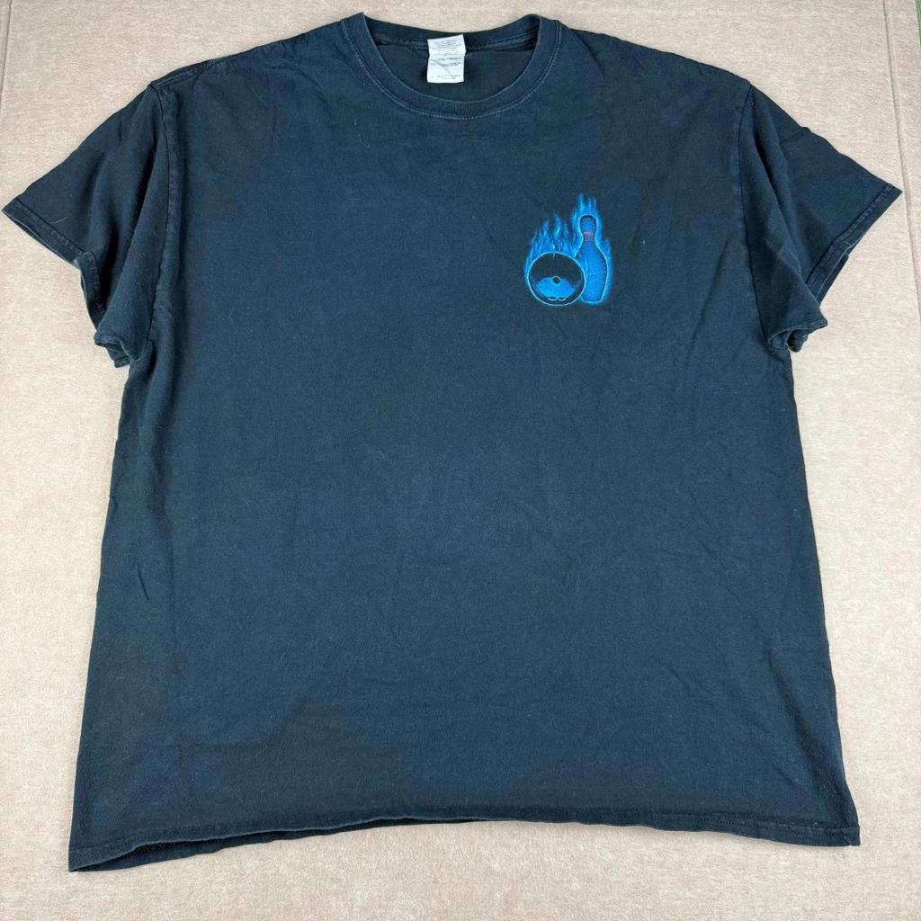 Y2K Bowling Graphic Shirt Mens XL Black Blue Flame Bowling Ball Pins Sports Tee