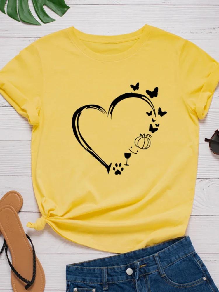 Butterflies Heart Print Women T Shirt Short Sleeve O Neck Loose Women Tshirt Ladies Tee Shirt Tops Clothes Camisetas Mujer
