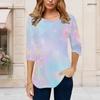 Women Plus Size Round Neck 3 4 Sleeve Printed T Shirt Pastel Glitter Pattern Curved Hem