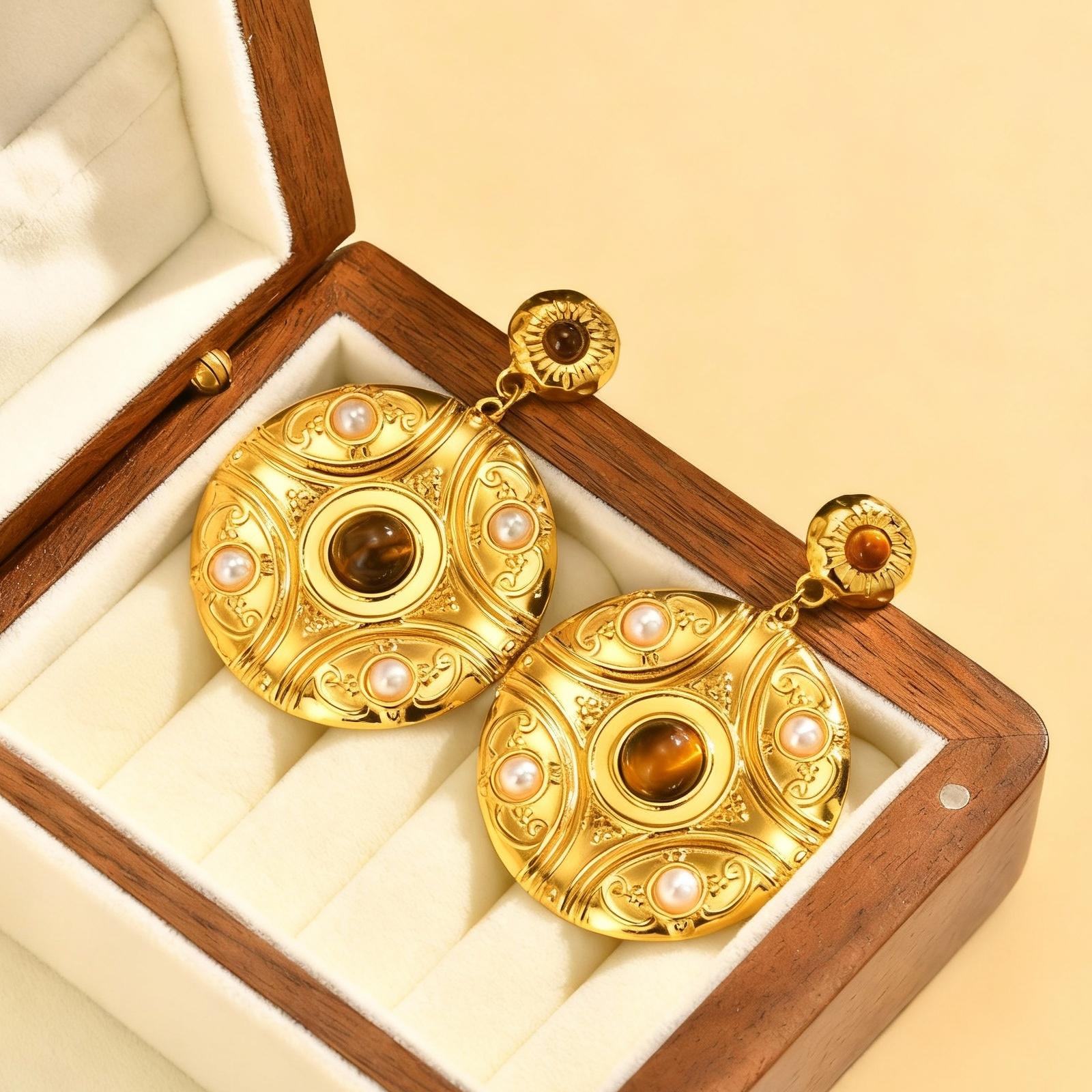 

Vintage Ornate Natural Stone Earrings for Women Creative Ethnic Style Earrings Party Textured Disc Luxury Jewelry Gifts