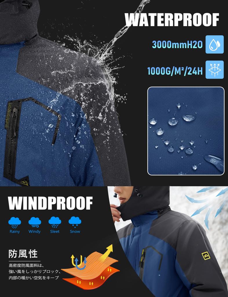 KEFITEVD Winter for Outdoor and Navy Size Men's Jacket, Fleece-Lined Windbreaker, Warm, Water-Repellent, Activities, Motorcycle, Skiing, Camping,