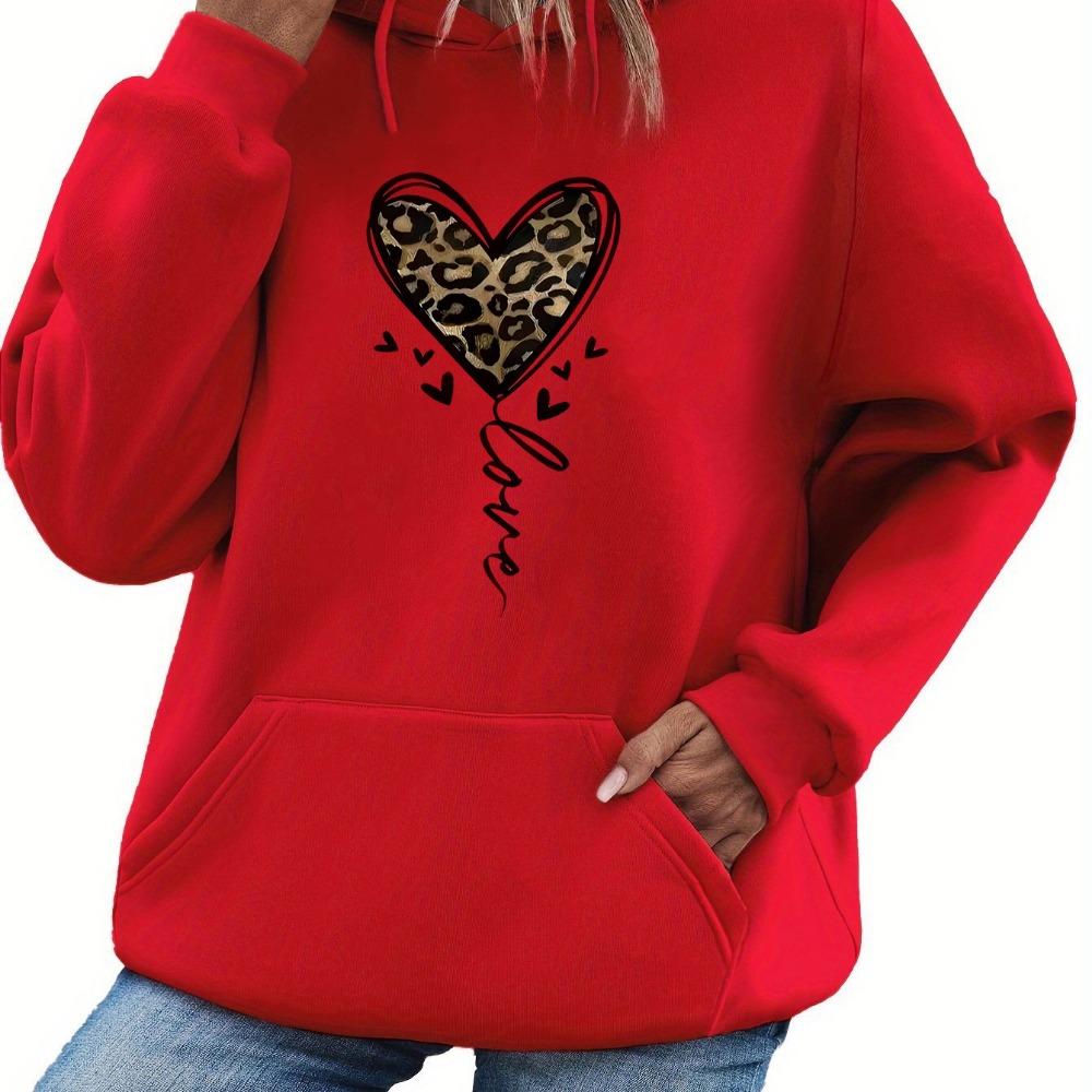 Women's autumn and winter warm and loose casual leopard print heart-shaped pattern printed velvet long sleeved hooded sweatshirt