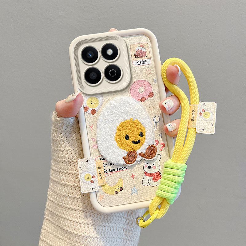 KEYSION Cartoon Cute Plush Embroidery Case for HONOR 200 Smart 5G with Lanyard Shockproof Phone Back Cover for Huawei Honor X7c