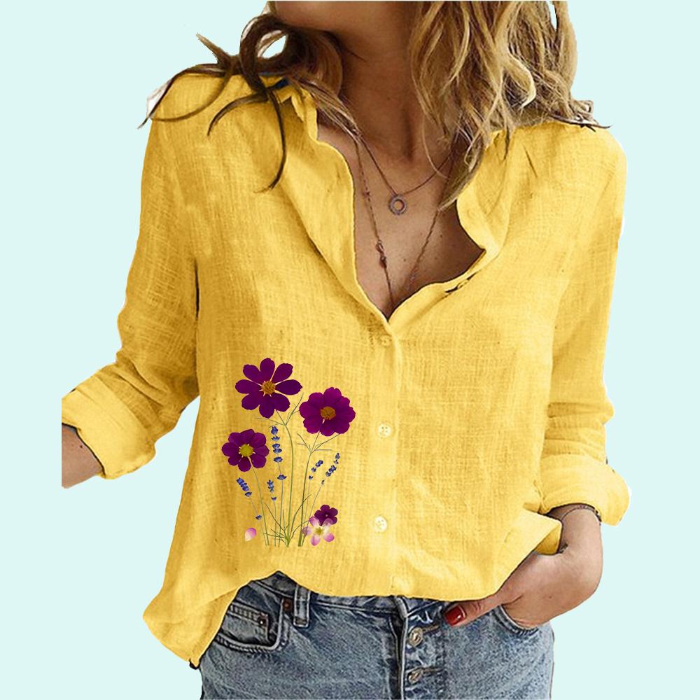 

Женский топ с длинным рукавом и цветочным принтом, женская модная льняная блузка, женская летняя и осенняя повседневная рубашка на пуговицах с лацканами и воротником 5XL жёлтый