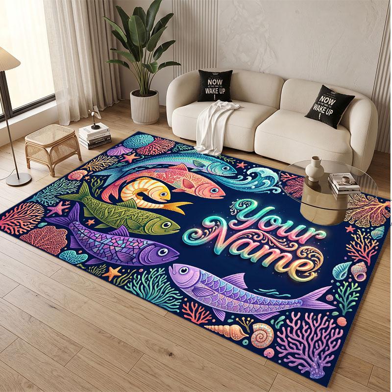 Fish Ocean Theme Soft Crystal Velvet Rug Custom Name & Text Print Non Slip Floor Rug for Bedroom Living Room