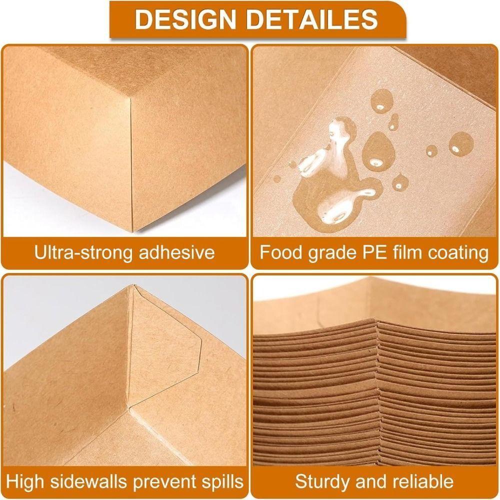 50Pcs Sturdy Durable Kraft Paper Food Containers Boat Shape Snack Bowl Food Tray Box  Picnic Camping