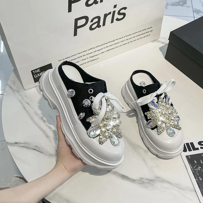 Primăvară Nou Adidași de Damă Papuci Designer Mules cu Platformă Sandale Plate Dulci Casual cu Șireturi Cristal de Perlă Pantofi de Damă Decupați