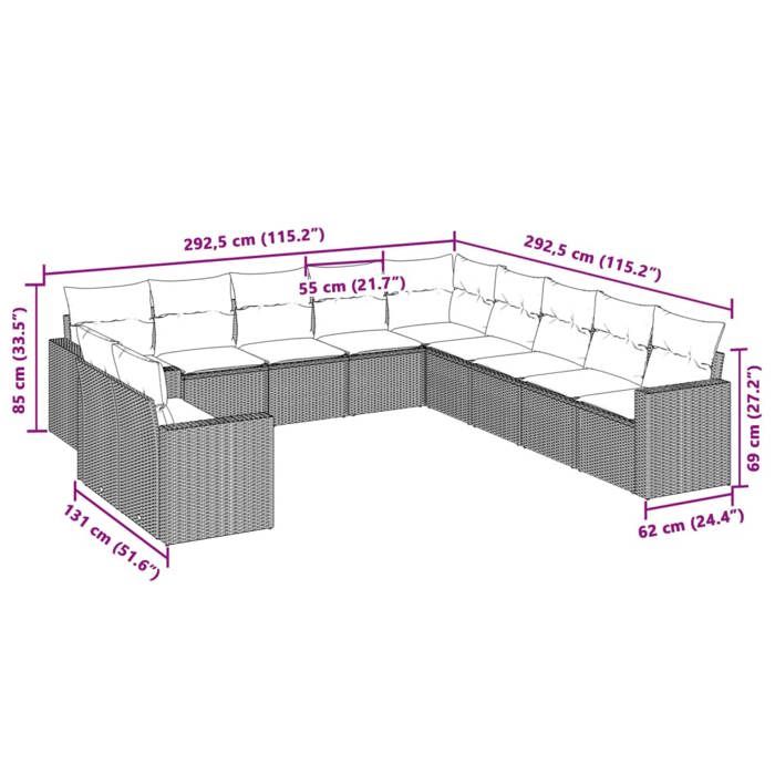 VidaXL Salon de Jardin avec Coussins 11 pcs, Canapés de Terrasse, Ensemble de Meubles de Patio, Mobilier d'Extérieur, Gris 3251529