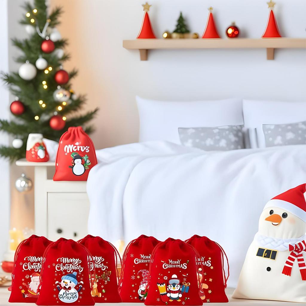 6pcs Christmas Bundle Pocket Gift Bags Snowman Print Velvet Drawstring Bags Soft Reusable Red Christmas Velvet Bundle Pocket