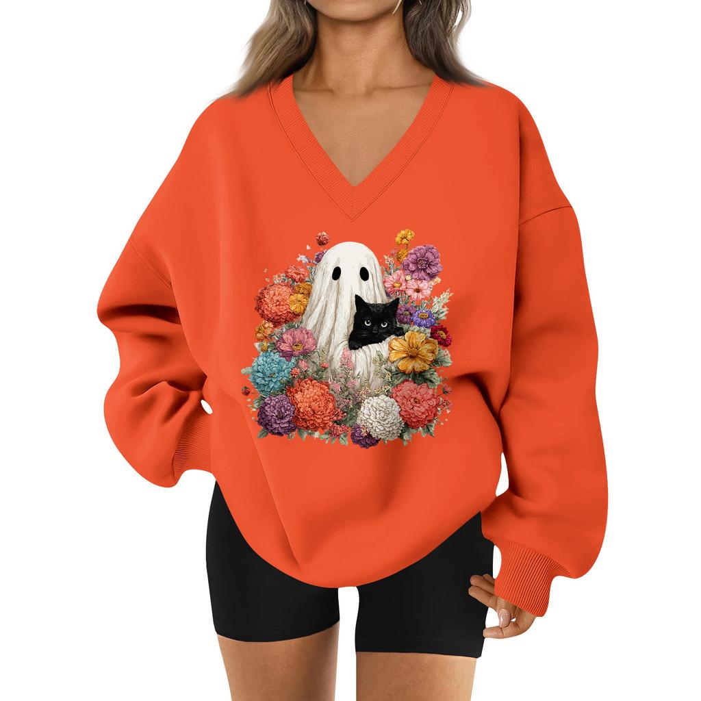 Women's V-neck Dropped Shoulder Halloween Print Sports Sweatshirt Top
