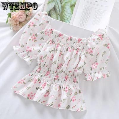 Schulterfreie Shirts mit Blumendruck von Little Fresh für den Sommer, schmale, süße, strähnige Selvedge-Oberteile für Damen