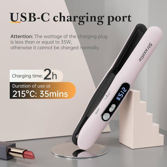 Straxelle Mini Lisseur/Boucleur Sans Fil 2-en-1, 5000mAh, 3 Temp. Réglables 175-215°C, Écran LED, Portable, Tous Cheveux (Rose)