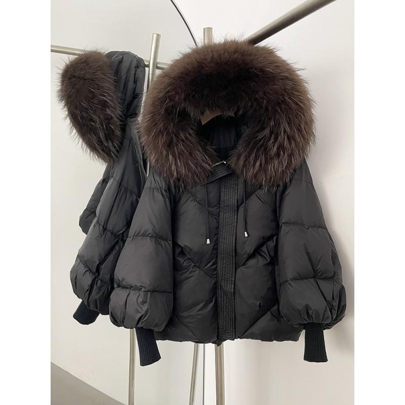 Womens Hooded Down Coat With Raccoon Fur Trim Knit Sleeve Loose Fit Mid-Length Warm Winter Jacket