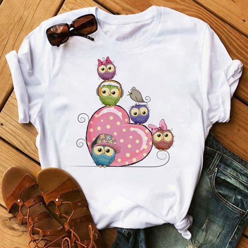 ZX TEE Camiseta de Mujer con Gráfico de Búho Lindo Estampado Harajuku Kawaii Negra Cuello Redondo Manga Corta Top Dibujos Animados Casual Verano Viaje Camiseta