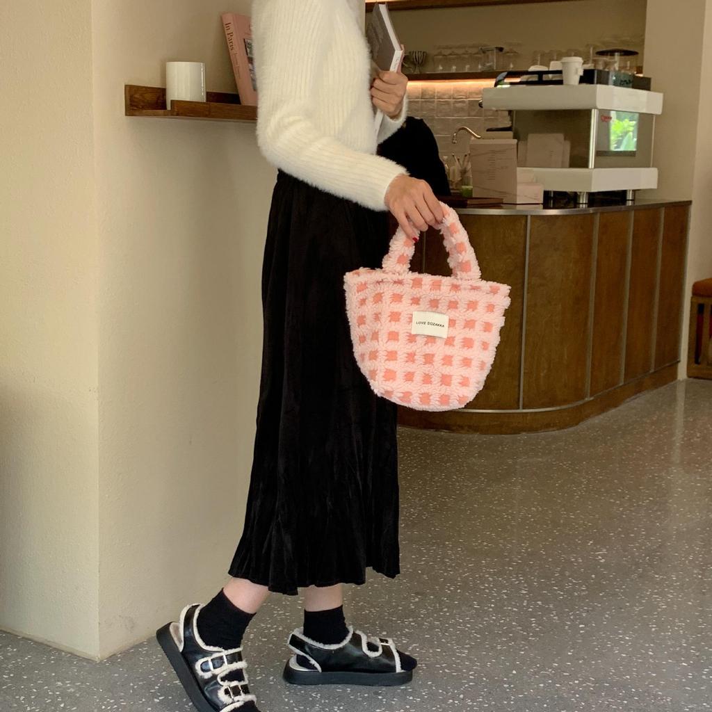 21084 New Lambswool Waffle Handheld Tote - Women's Large Capacity Autumn/Winter Handbag