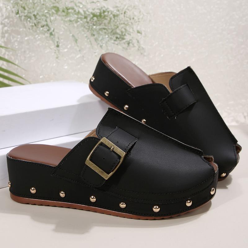 Fashion Women's Platform Slippers Spring New Round Head Deep Mouth Rivet Metal Buckle Anti-slip Wear-resistant Sandals