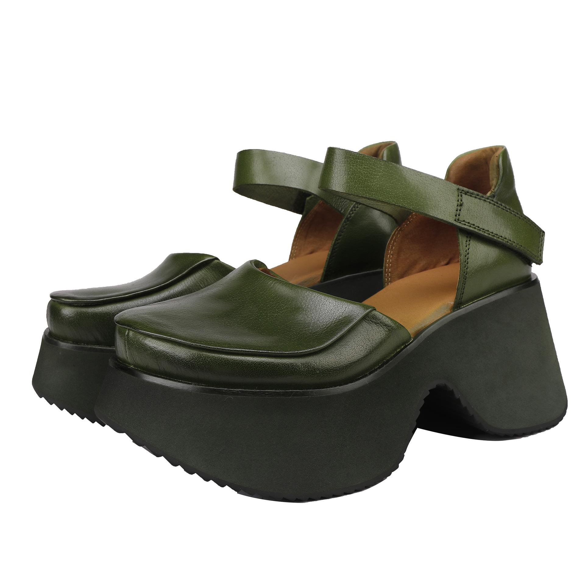 

Johnature Thick Soled Wedges Sandals Genuine Leather Roud Toe Height Increasing Women s Platform Shoes 40 зелений