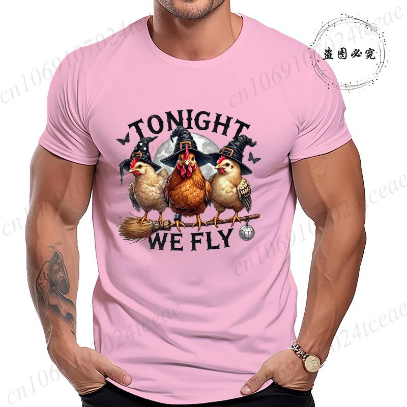 Halloween Tonight We Fly TShirt for Women Men Chicken Witches Hat Funny Casual TShirt Spooky Witch Men TShirts Clothing Tops