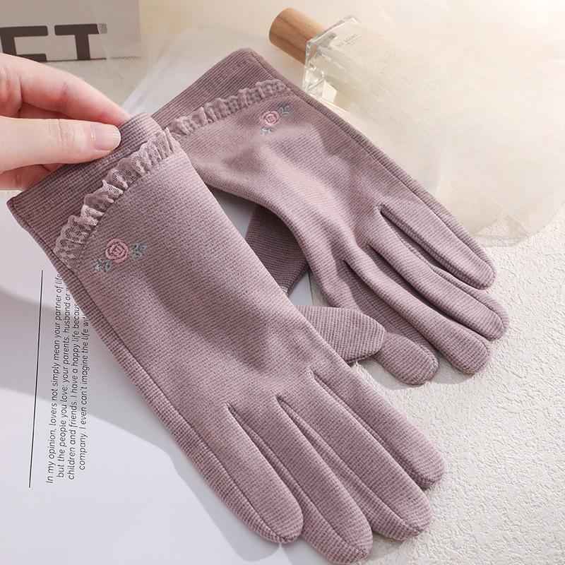 Warm Gloves Single Layer Women's Elegant Lace Houndstooth Outdoor Riding Cold Proof and Wind Proof Touch Screen Autumn and Winter Gloves