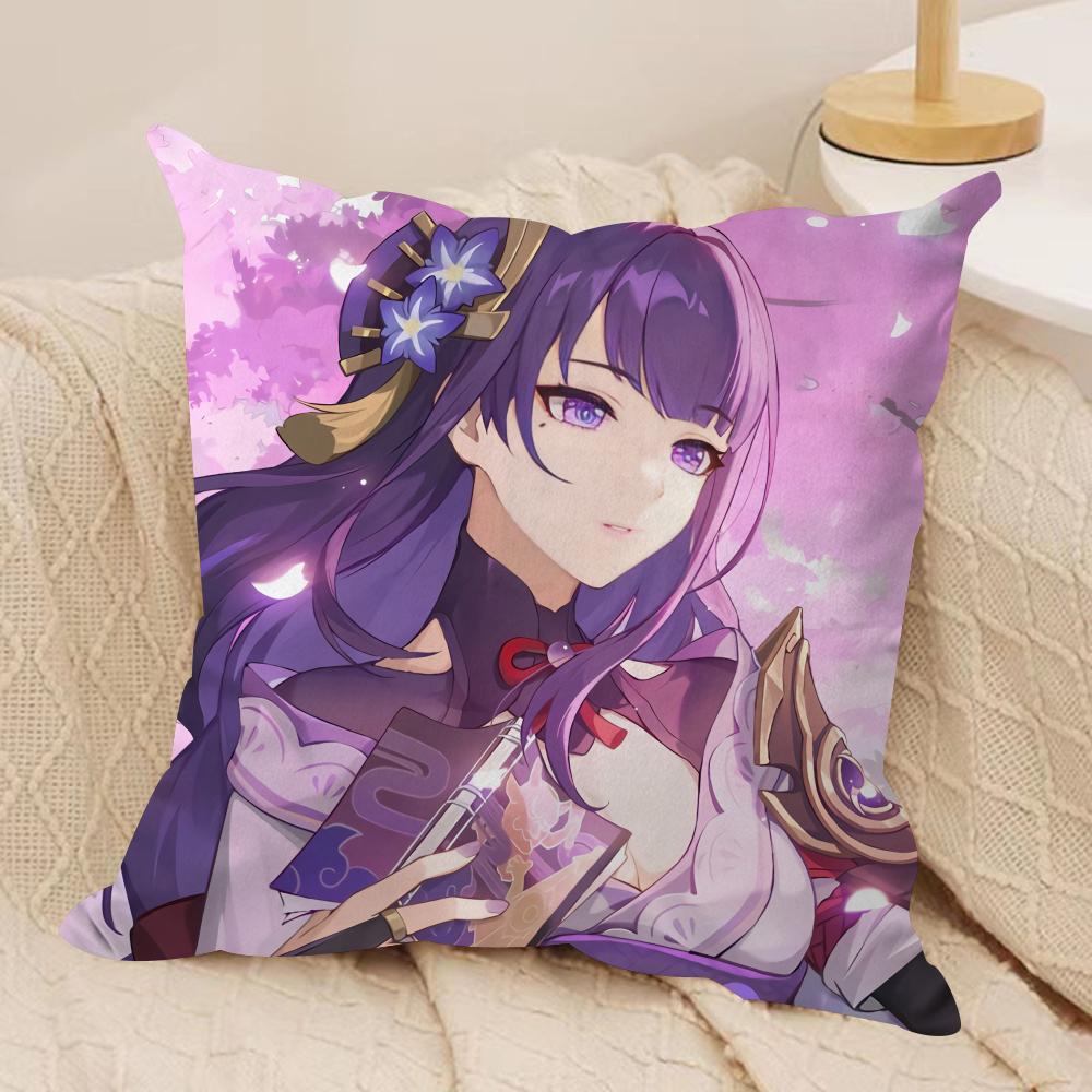 Raiden Shogun Genshin Impact Cushion Cover Silky Short Plush Invisible Zipper Dustproof Sofa Pillow Case For Home Decor
