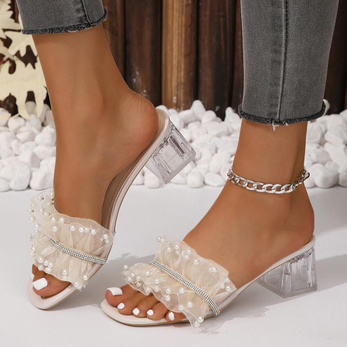 

Босоножки с жемчугом женские весна 2024 новые модные тапочки на высоком каблуке 35