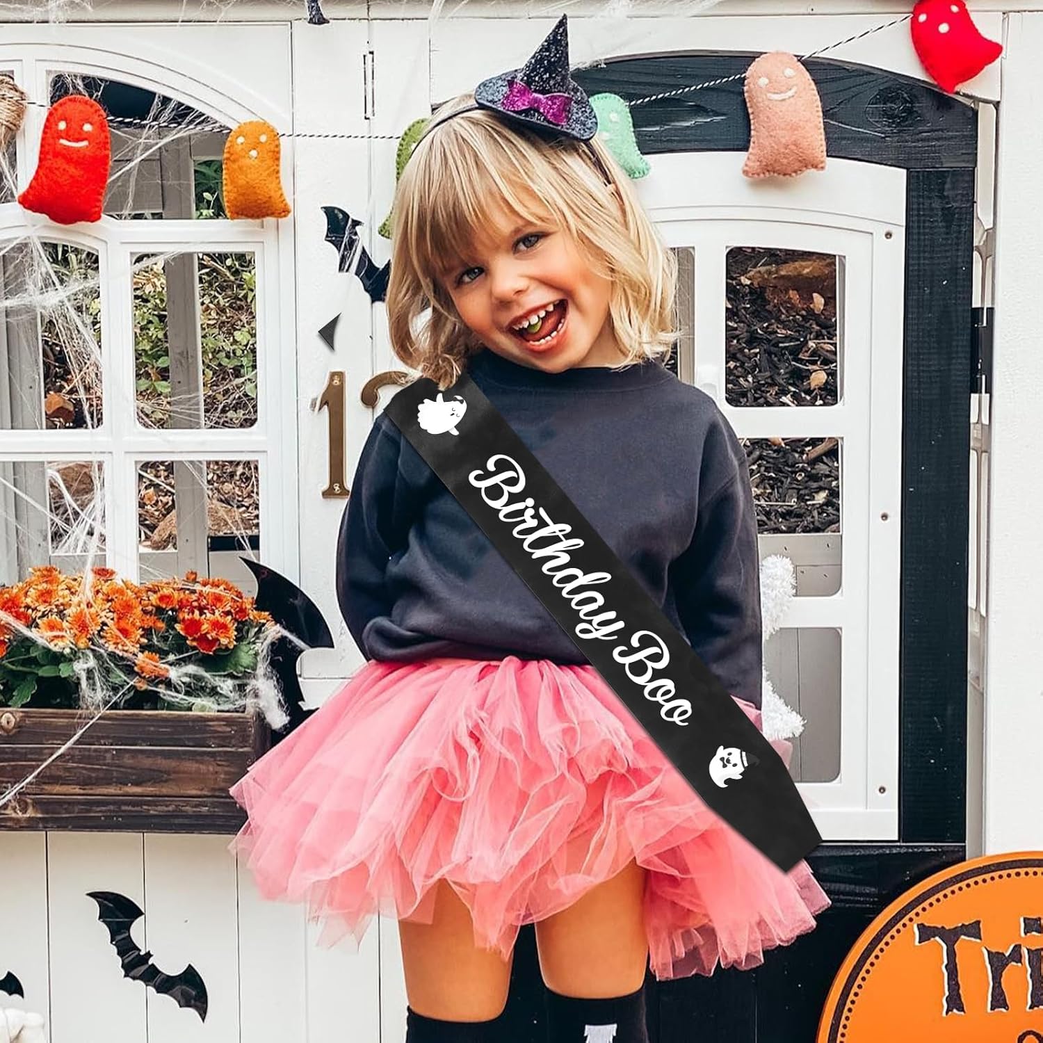 JOYMEMO Birthday Boo Sash for Boys Girls Men Women - Black Halloween Birthday Decorations, Halloween Themed Happy Birthday Boo Party Supplies
