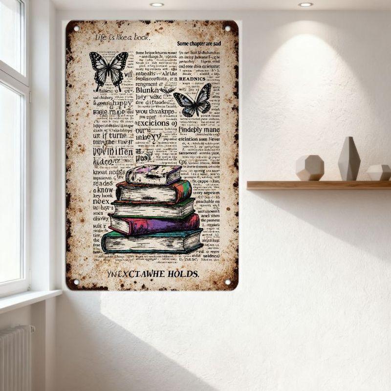 Vintage Life Is Like a Book Metal Tin Sign with Butterflies & Colorful Books, Faded Newspaper Background Wall Decor for Home, Ca