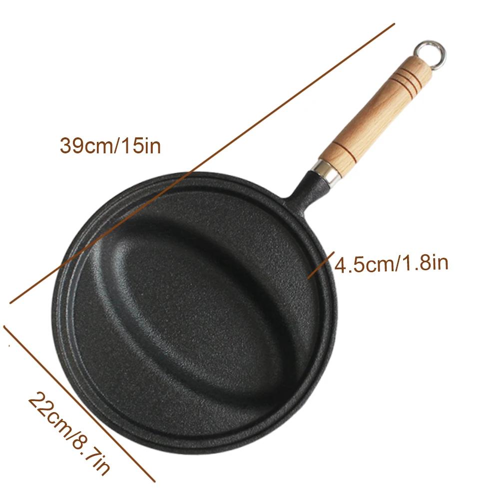 Cast Iron Frying Pan with Wood Handle Omurice Cooking Pot Non-Stick Pancake Mold Skillet Pan Anti-Scald for Home Kitchen