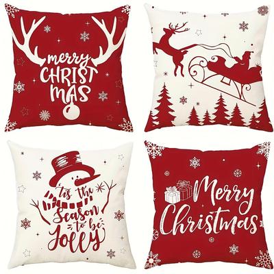 4 Christmas Pillowcases: Merry Christmas, Santa Sleigh, Snowman, Festive Decor Sofa Room Cushion Cover Home Decoration Gift