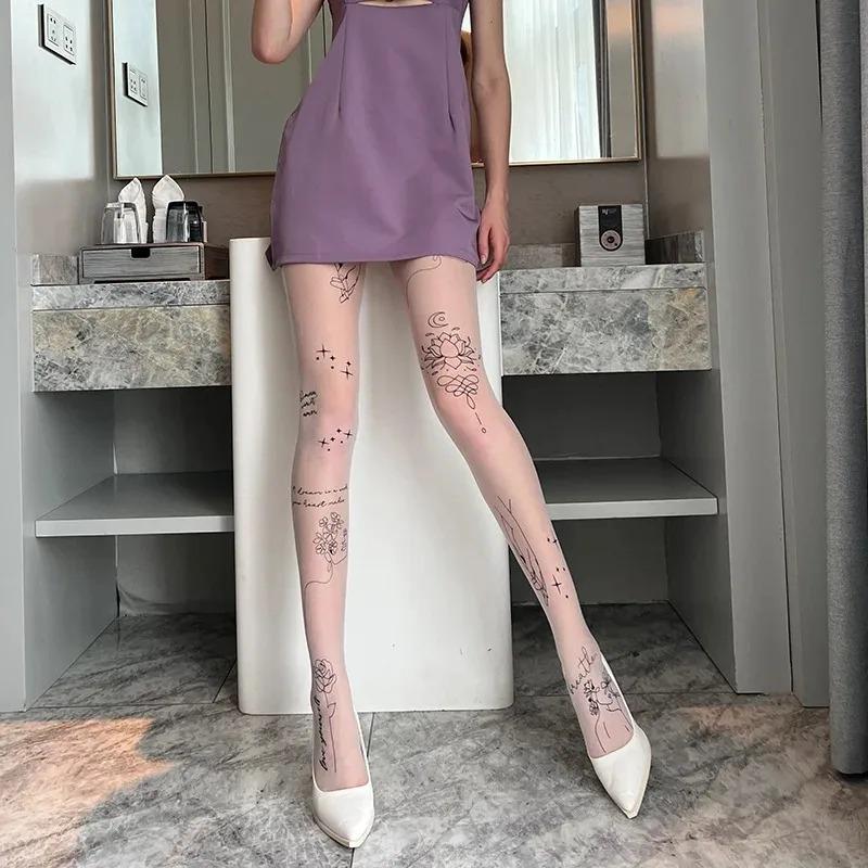 Collant sexy da donna con tatuaggi fantasia, collant con scritte, fiori, lettere, calze nere lunghe e sottili da donna