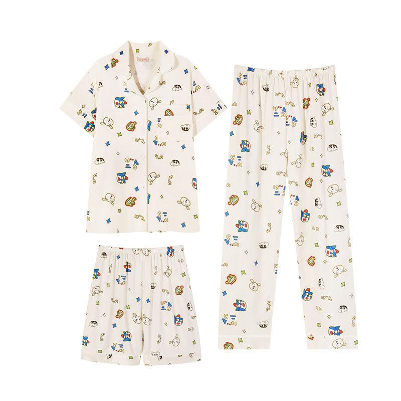 Crayon Xiaoxin Same Pajamas Women's Thin Summer Short-sleeved Three-piece Set Cotton Large Size Loose Women's Loungewear Set