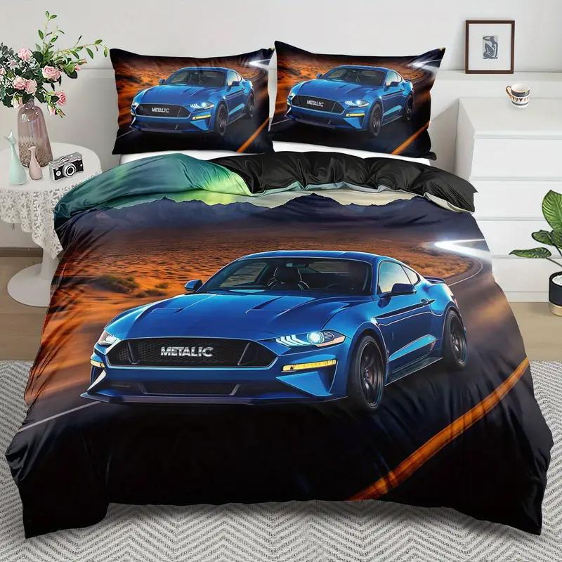 Racing Car Duvet Cover Set - 3D Cartoon Vehicle Print All-Season Bedding Set- 100% Polyester Breathable Fabric, Machine Washable
