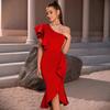 Ruffle Edge Summer Fashion Sleeveless One-shoulder Split Dress Vacation Elegant New Party Dress
