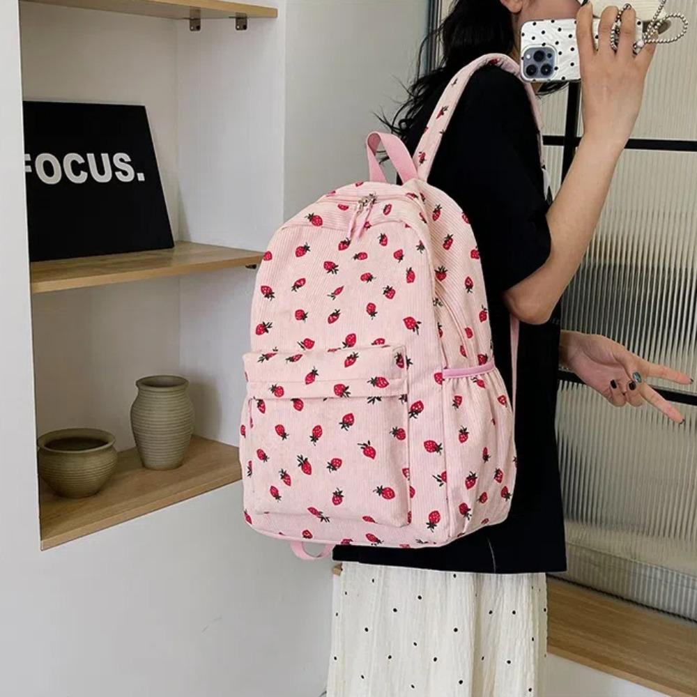 Large Capacity Strawberry Backpack Multi-pockets Adjustable Strap Travel Backpack Strawberry Print Women's Backpack Travel