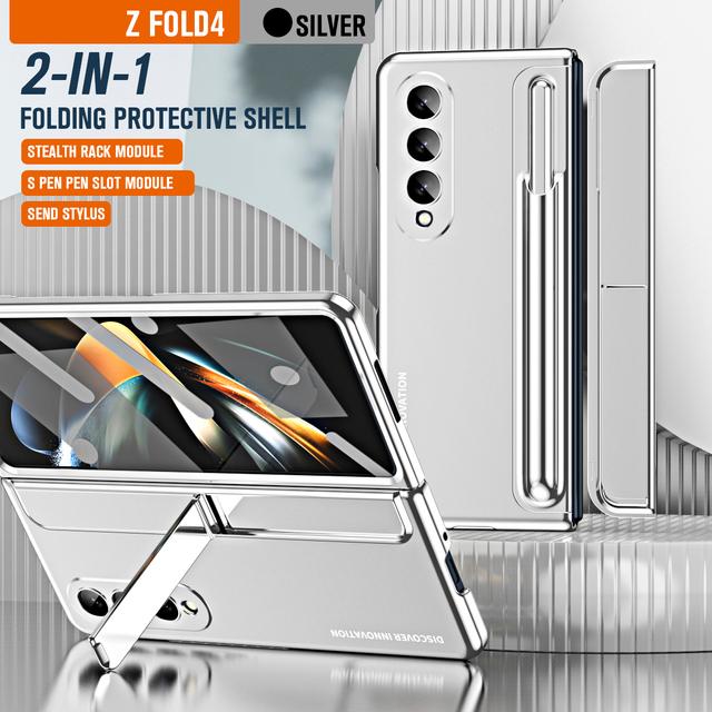 With S Pen Plating Kickstand Armor Case For Samsung Galaxy Z Fold 4 360 Full Screen Protector Shockproof Phone Cover Z Fold 3 5G