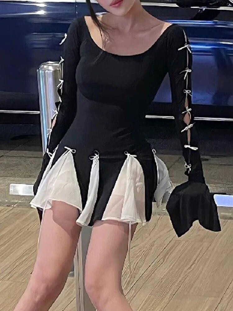 Koronkowa sukienka z wysokim stanem dla kobiet z zakładkami Splice Bodycon Mini sukienka dziewczęca Street Slim prześwitujące sukienki kobieta jesień