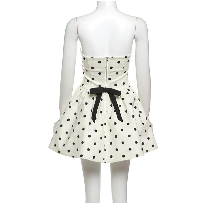 Gepunktetes Flauschiges Trägerloses Kleid Vintage Slim Fit Sexy Robe Rückenschleife Rückenfrei Schulterfrei Mode Elegant Damen Kurze Kleider