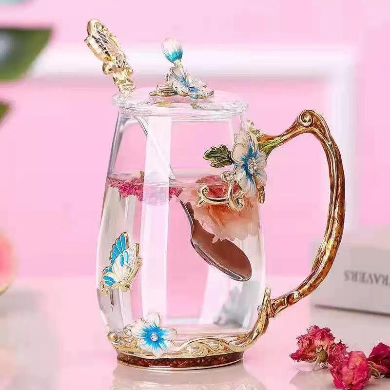 

Маленькая эмалированная чашка с изображением ромашки, небольшое стекло с росписью в виде свежего цветка, подарочный набор для чая для дома 350ml