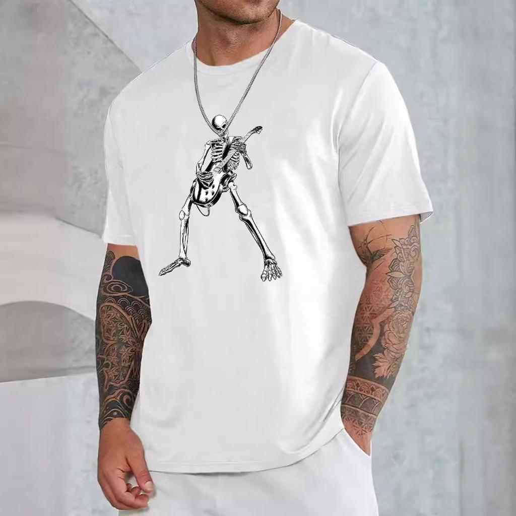 Cotton T-Shirt Short Sleeve Round Neck Men Skelleton 2d Print Tops
