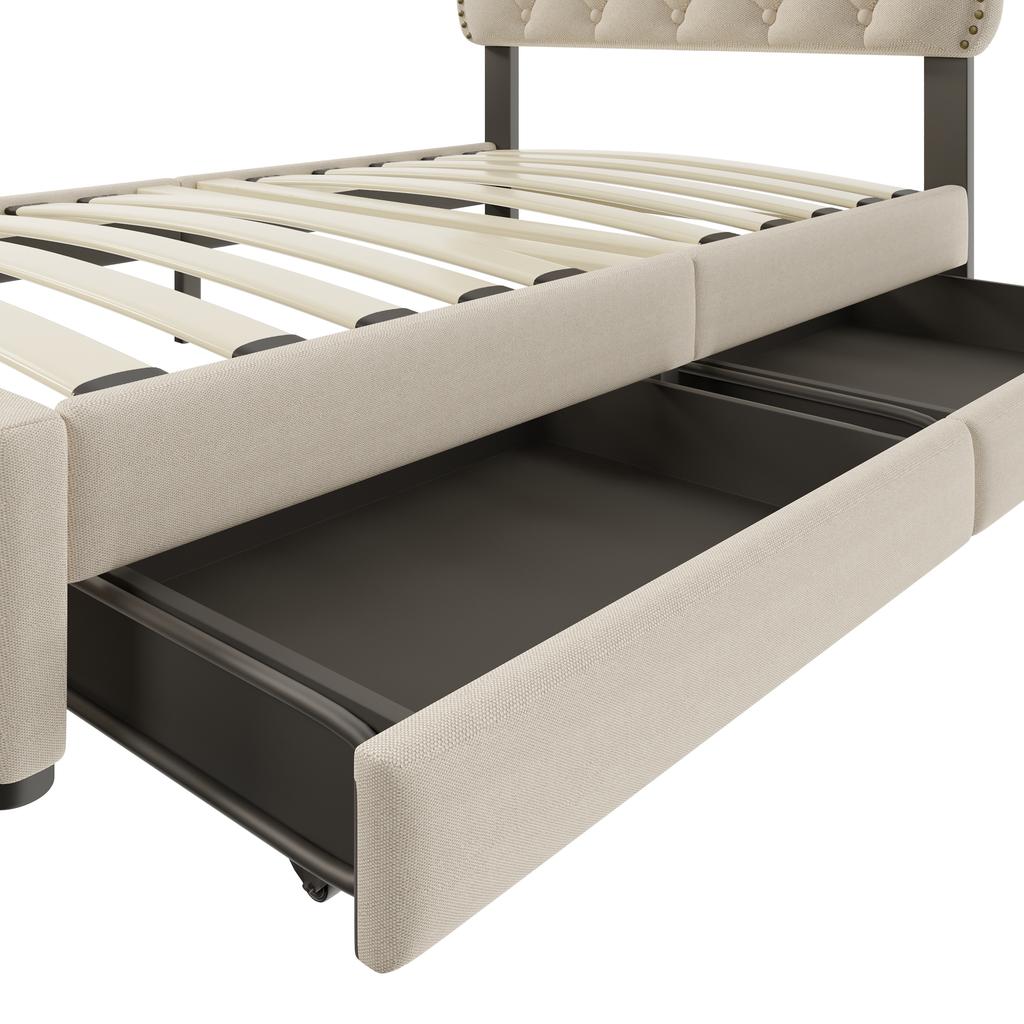 90*200 cm Flat Bed, Upholstered Bed, Nightstand Upholstery with Decorative Studs, Double Drawers, Dark Beige