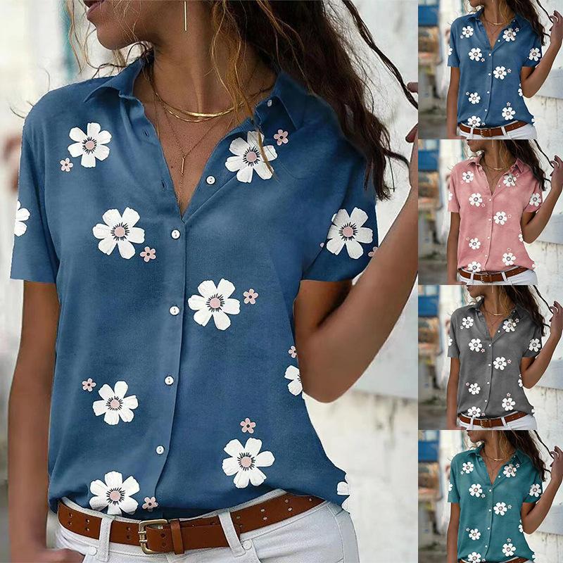 Women's Spring Summer New Style Slimming Fashion Flower Printed Short Sleeve Collar Loose Casual Comfortable Button Shirt
